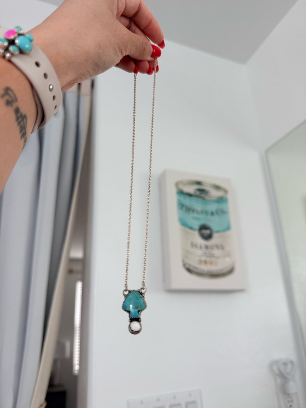 Nizhoni Traders Kingman Turquoise and Wild Horse Necklace in Sterling Silver - Picture 4 of 6